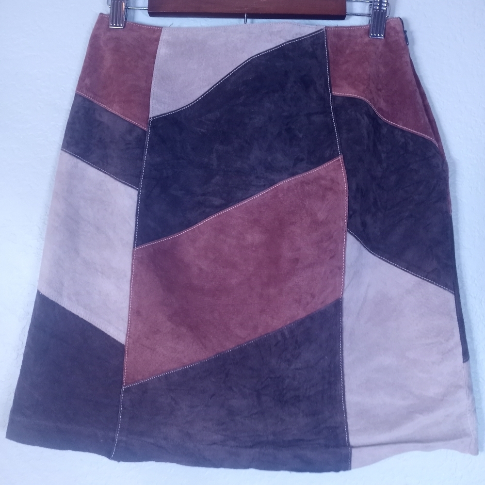 Apostrophe Leather Suede Patchwork Retro 70s Style Tan Brown Hippie Boho Skirt 8 - Picture 3 of 13